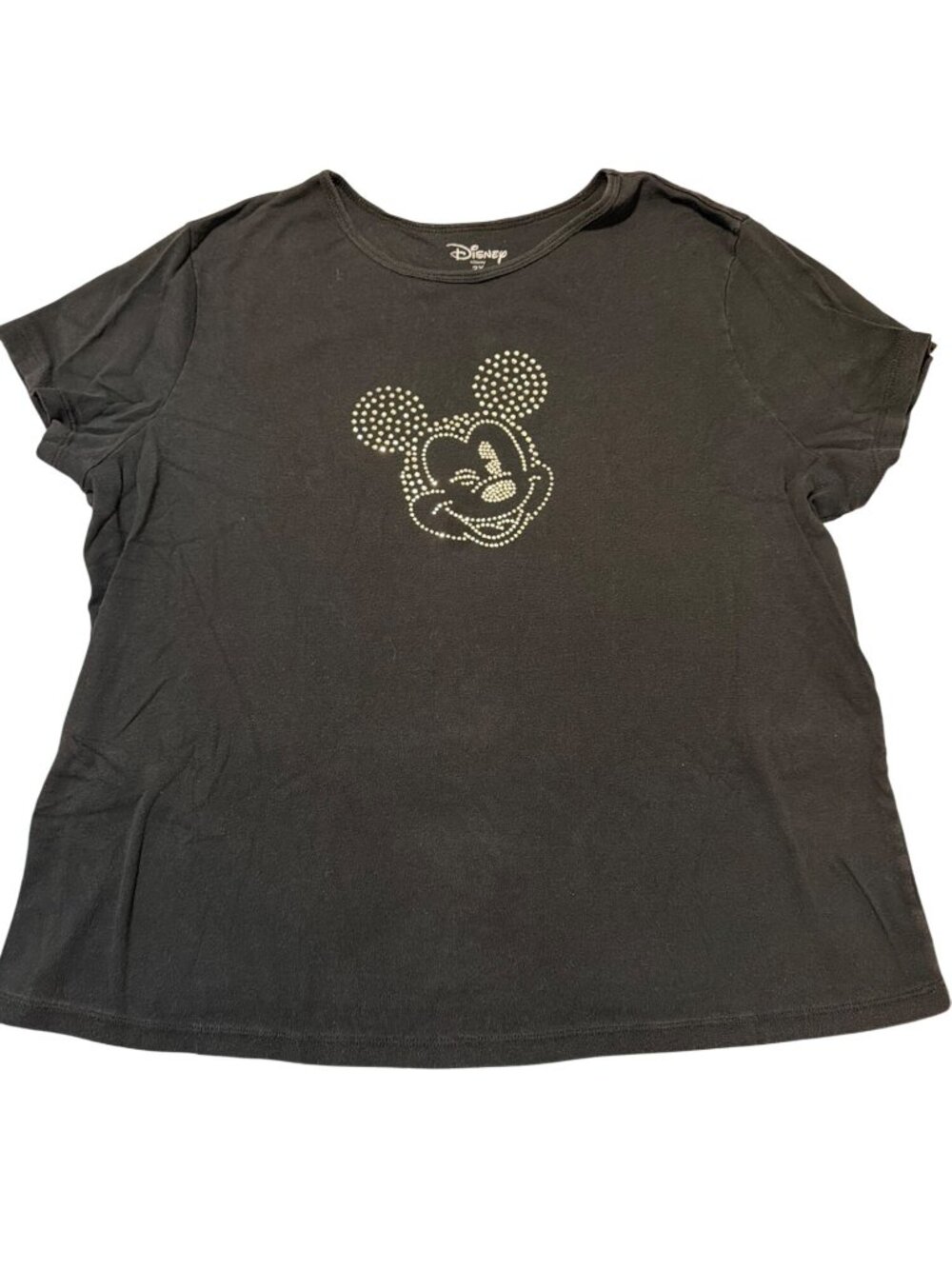 Vintage Y2K Disney Mickey Mouse Black Rhinestone Shirt Wink Cotton Plus Sz 2X